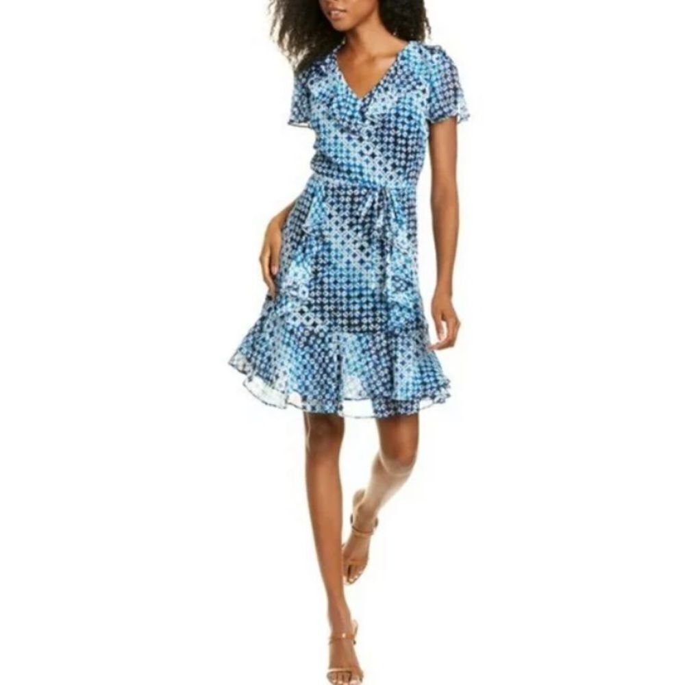 KARL LAGERFELD PARIS  Blue Printed Flutter Sleeve Dress